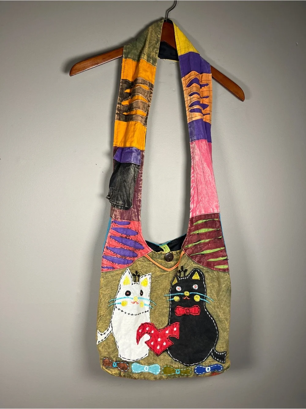 Embroidered Cat Patchwork Hobo Shoulder Bag Made in Nepal